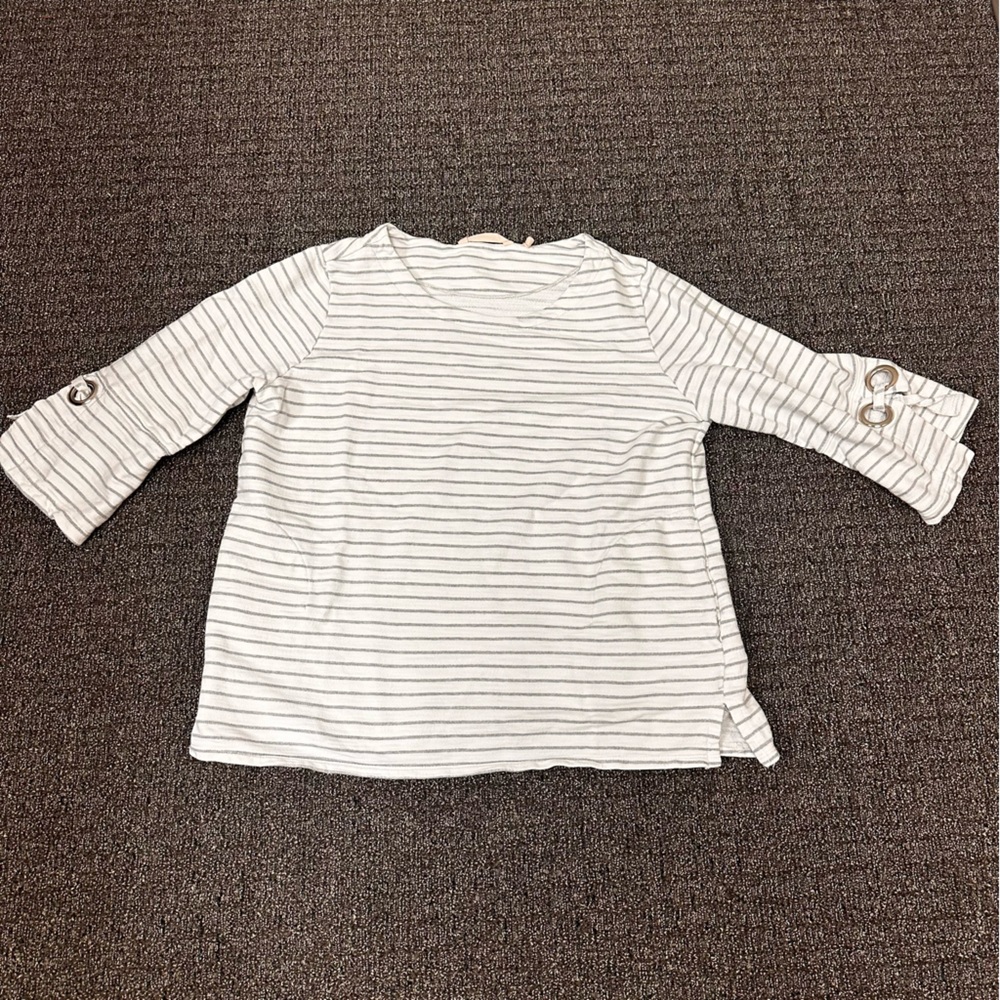 Soft Surroundings Cream and Gray Striped Top Womens size M Petite Cotton casual